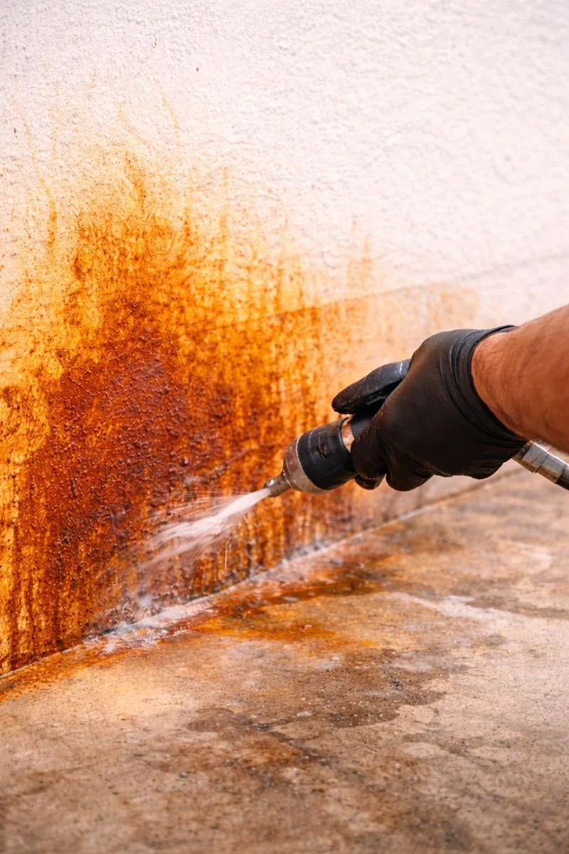 Illustration of rust being cleaned from a wall